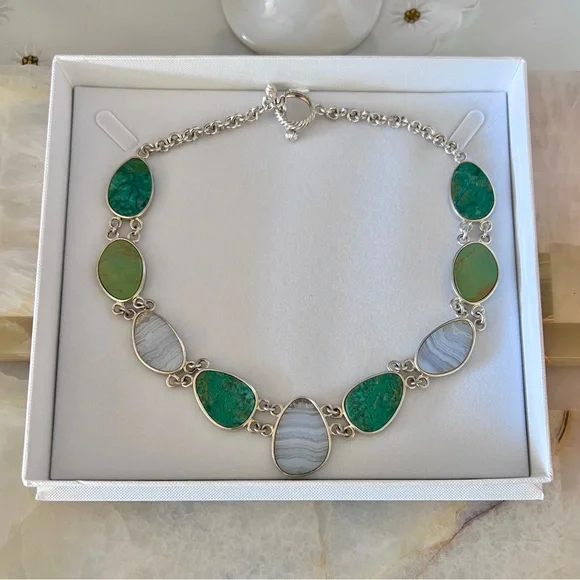 Whitney Kelly Sterling Silver 925 Blue Lace Agate and Chrysoprase Link Necklace - Picture 10 of 10